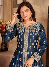 Blue Art Silk Slitted Abaya Style Salwar Kameez